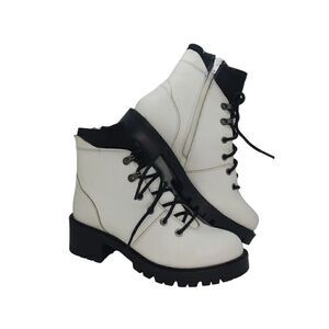 Enjoiya NEW Womens White Leather w/Black Combat Boots w/zipper on side - sz. 8